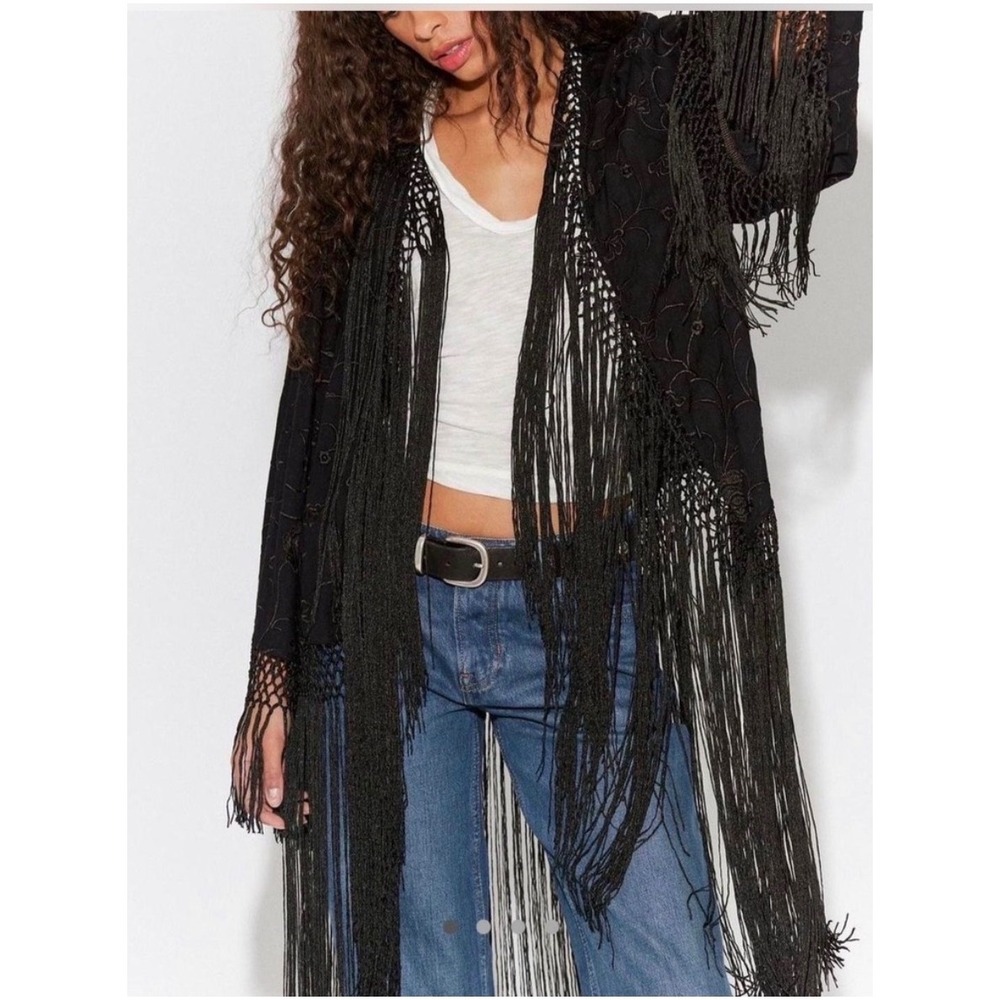 Free People Kimono Jacket OS Black Excellent Embroidered Fringe Boho Open Front